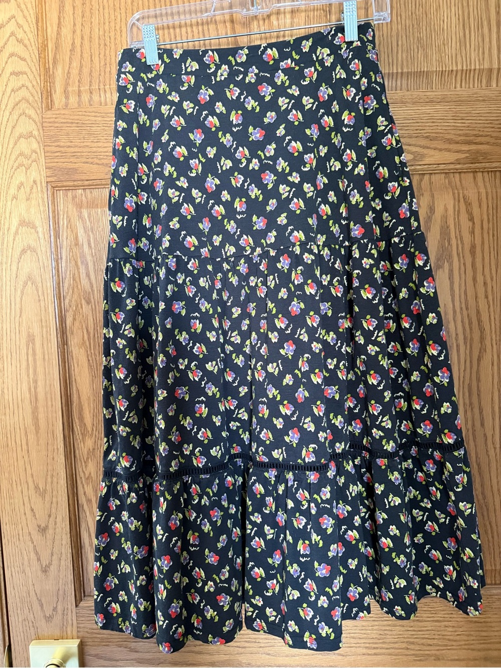 Toad&Co Black Maxi Skirt with Red, Purple and Green Floral Print